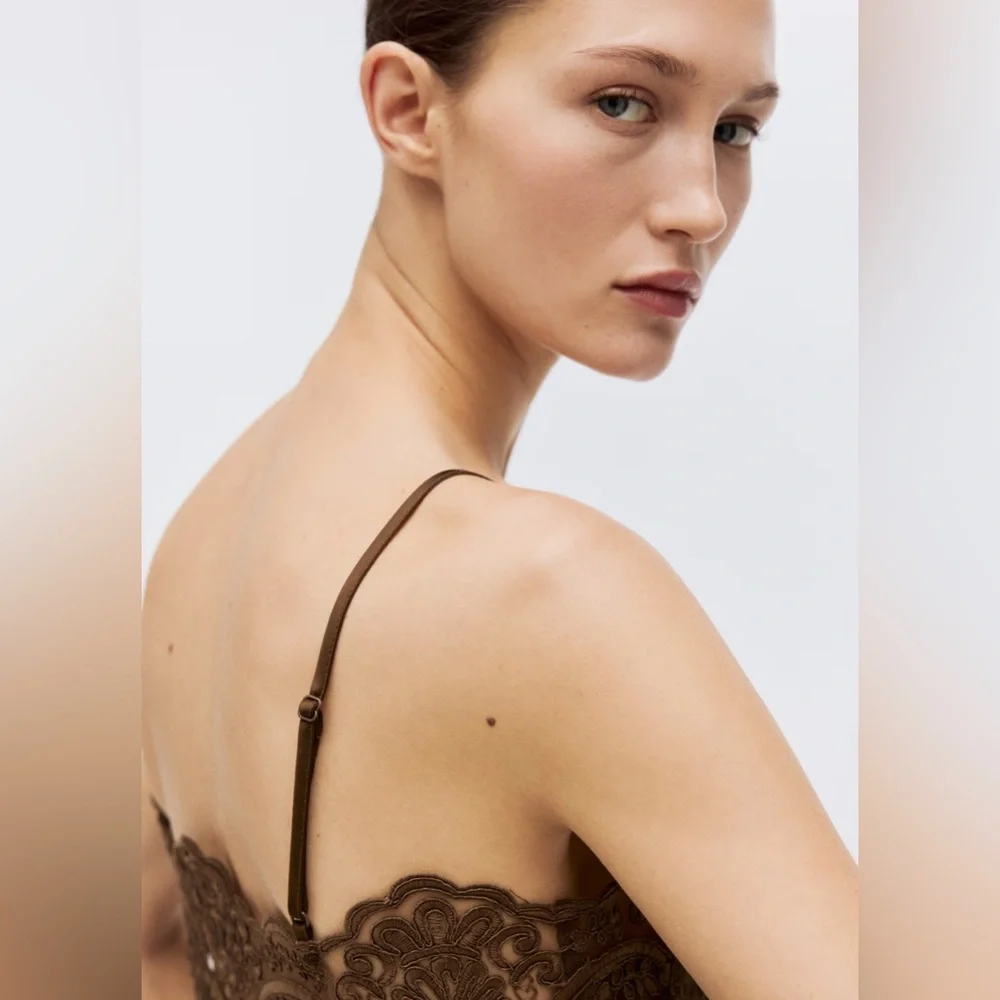 H&M lace detail Camisole Top satin dark brown size small NWT - Picture 5 of 9